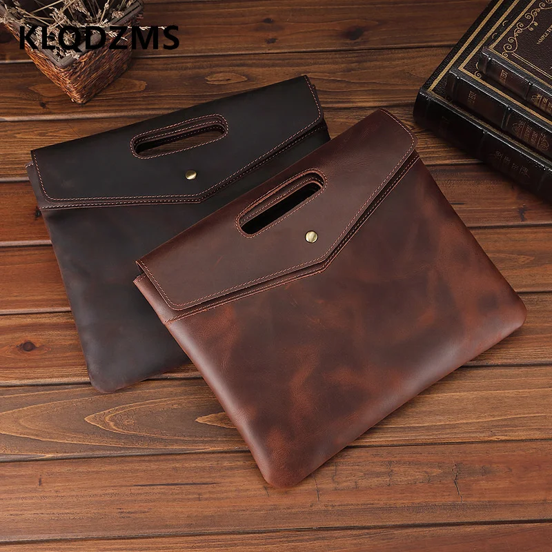 KLQDZMS New Men's Handbags Distinctive Button Briefcase Men Genuine Leather Bags Simple Male Business Briefcases