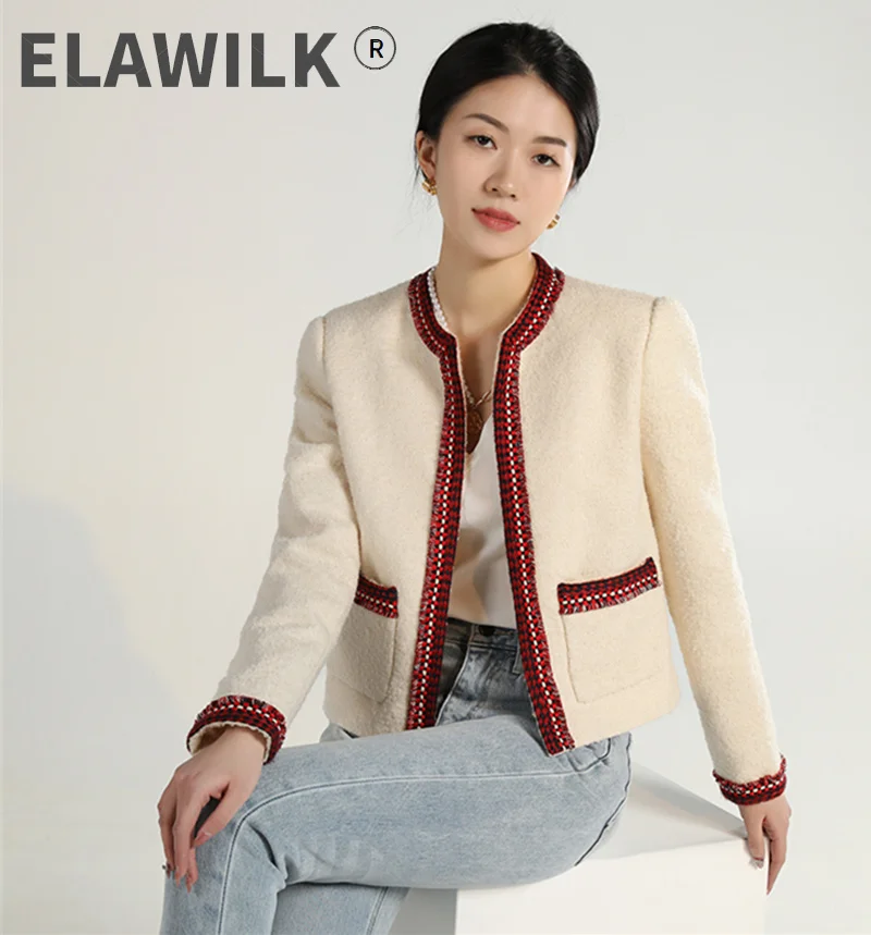 

2021 Elegant White Wool Blend Coat Women Spring Autumn Fashion Round Neck Tassel Short KNitted Tweed Jacket Outwear