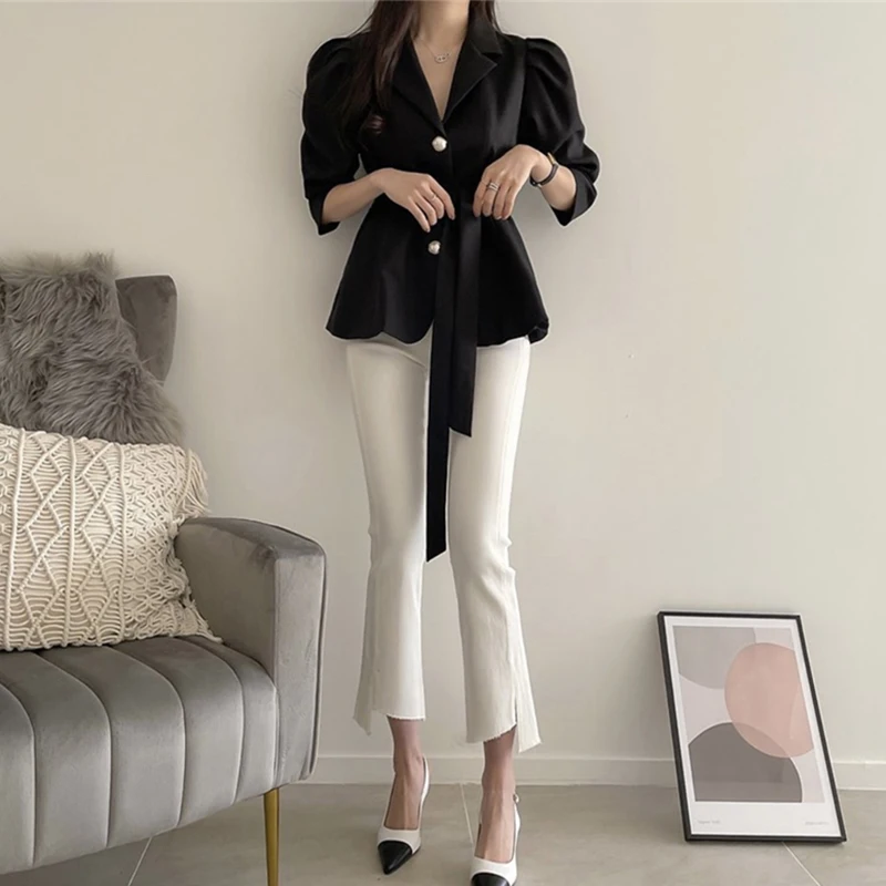 

GALCAUR White Blazer For Women Notched Half Sleeve Tunic Button Sashes Solid Blazers Female New Clothing 2021 Spring Fashionable