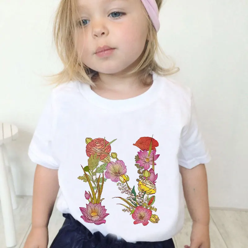 

New Fashion Short Sleeve Letters Plant Novelty Printed 2021 Kids Pink T Shirt Kawaii Girls Tops Casual Baby Girl T-Shirts Summer