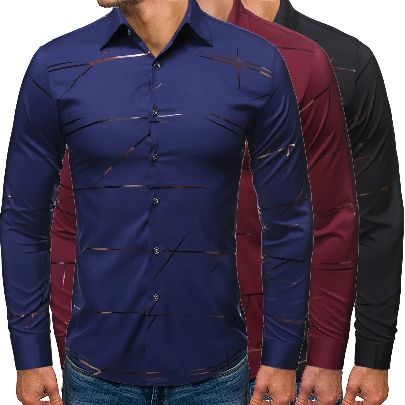 

Рубашка мужская с длинным рукавом, повседневная приталенная классическая, с принтом, весна-осень