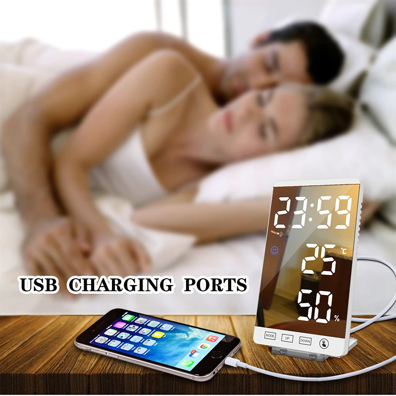 6-дюймовый светодиодный зеркальный будильник часы сенсорная кнопка цифровые