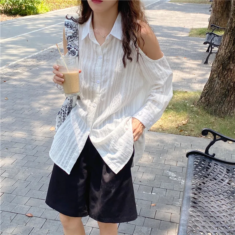 

Spring Autumn Women's Top Korean Style All-match Lapel Loose Bloues New Leaky Shoulder Long Sleeve Striped Female Tops GX443