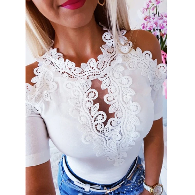 

Women Summer Stand Collar Tees Short Sleeve Lace Hollow Out Women Tops Summer T Shirt Off The Shoulder Tops for Women Casual