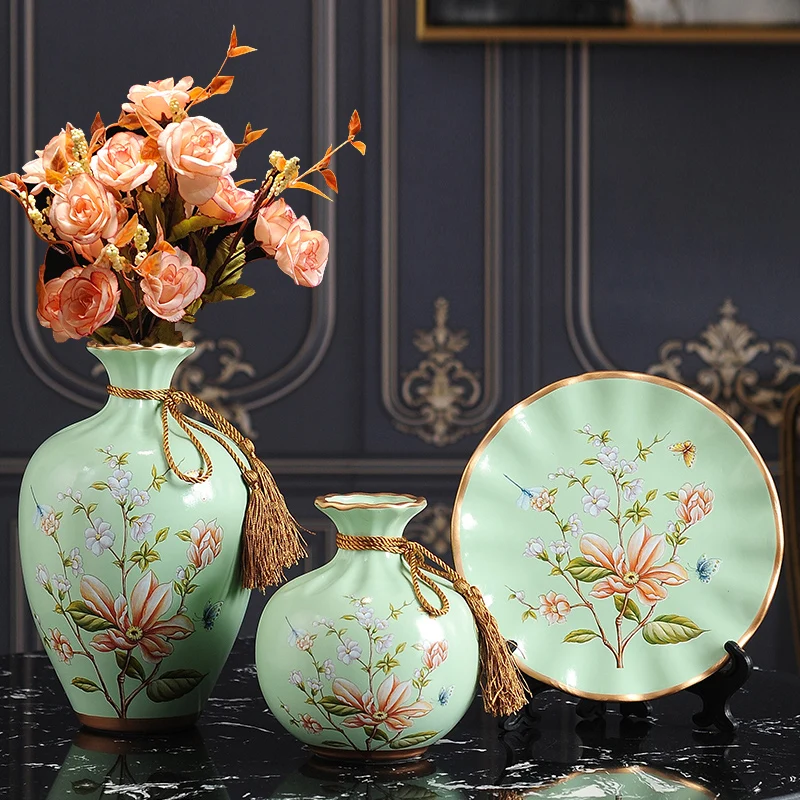 

3Pcs/Set Ceramic vase dried flowers flower arrangement wobble plate living room entrance ornaments home decorations