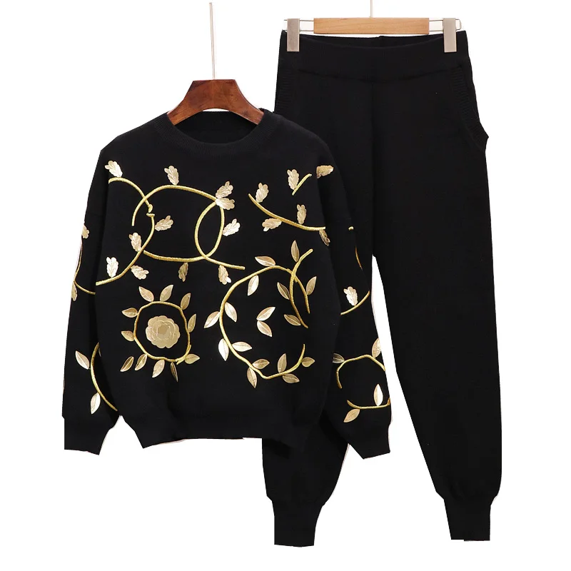 Осень-зима Женский комплект 2 шт. золотой Вязаный топ с цветочной вышивкой и