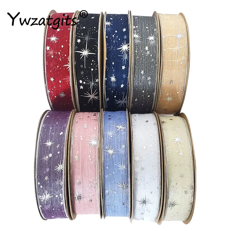 

Ywzatgits 1Roll (25 yards ) Bronzing Starry Sky Printing Organza Ribbon For Gift Packing Handmade Bow Material YV0607