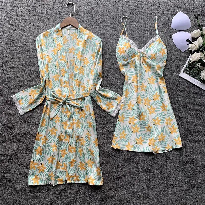 

Fdfklak Sexy Nightwear Spring Summer New 2 Piece Set Women Night Dress Silk Robe Bathrobe Nighty For Ladies Sleeping Dress