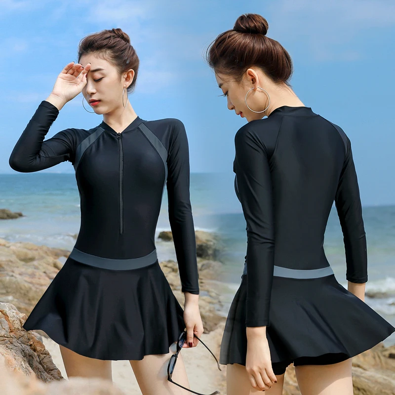 С длинным рукавом костюмы для плавания Юбка женщин Рашгард Защита от солнца