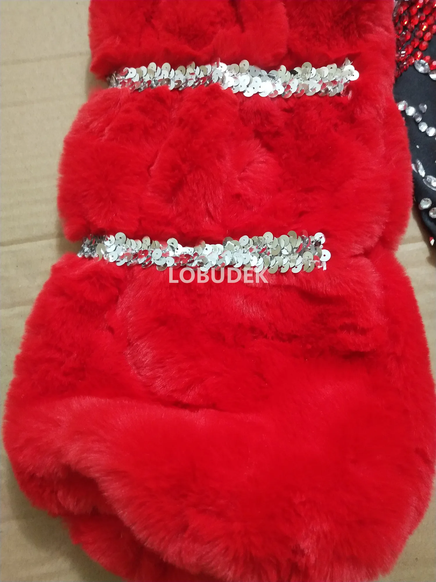 

Sparkly Rhinestones Red Fur Skinny Jumpsuit Stretch Leotard Bodsyuit Women Singer Dancer Catwalk Costume Bar Party Stage Outfits
