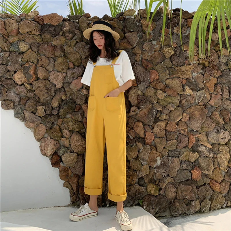 

2021 Korean Version of Women's Denim Overalls Thin Sloppy Skirt Girlfriend Skirt Pure Black and Yellow Wild College Style Romper