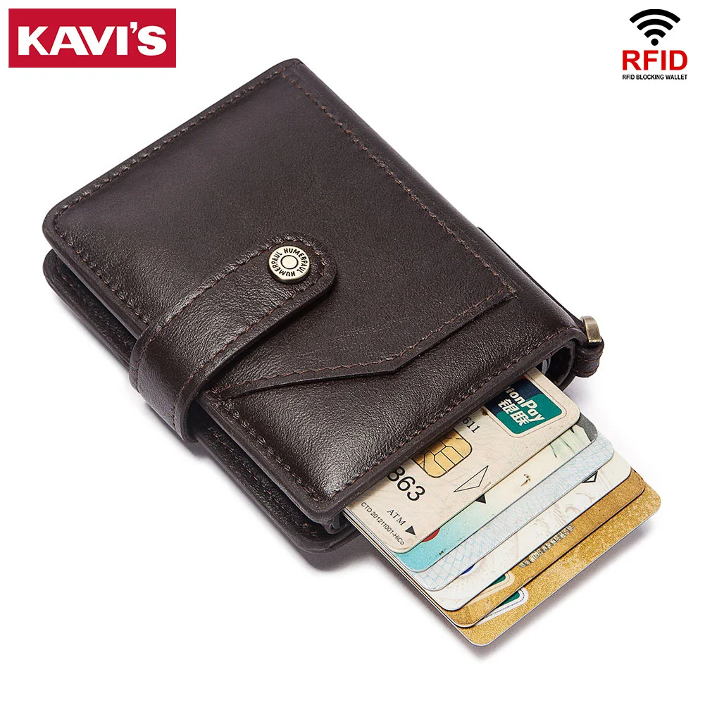 

KAVIS New Style Casual Credit Card Holder RFID Aluminum Box Men Genuine Leather Wallet Hasp Smart Bussiness ID Card Case Vintage