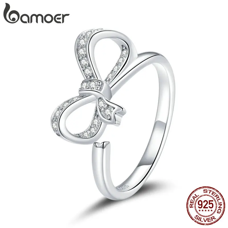 

bamoer 925 Sterling Silver Bow of Ribbon Finger Rings for Women Vintage Stackable CZ Rings Band Silver Fine Jewelry BSR158