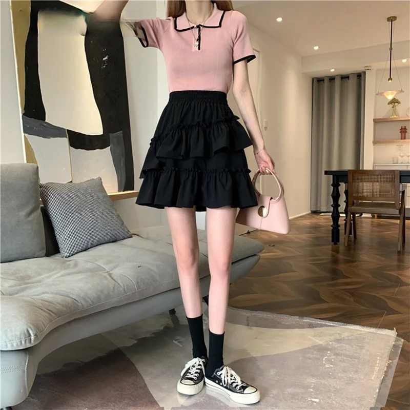 

New Chic Ruffled Asymmetrical Pleated Mini Skirts Women Summer Fashion High Waist A-line Elastic Skirt Casual Style Female Skirt