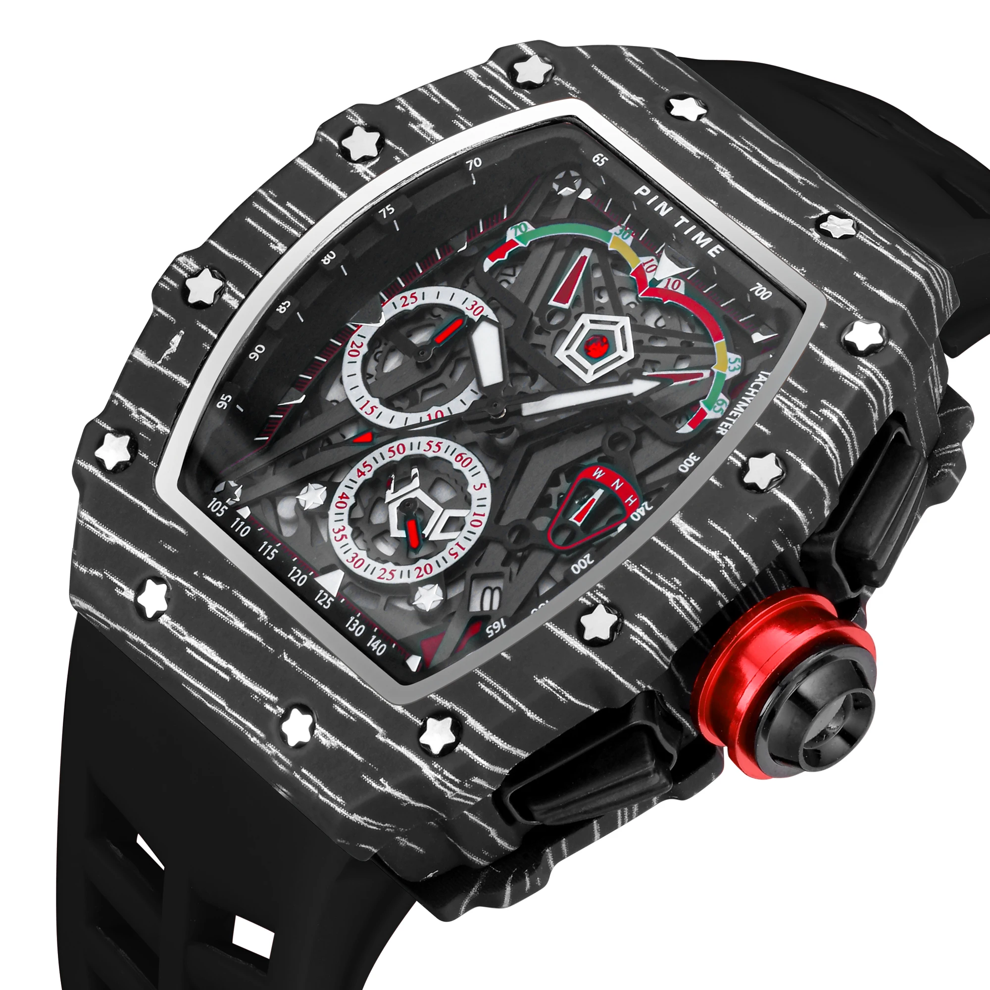 New Men's WatchTonneau Watches Men's Big Dial Quartz Watch Multifunctional MillerMiller Luminous Calendar Silicone WristWatch