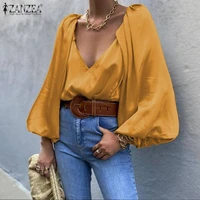 zanzea fashion womens blouse 2021 autumn party puff sleeve shirts female sexy v neck top casual solid blusa femininas