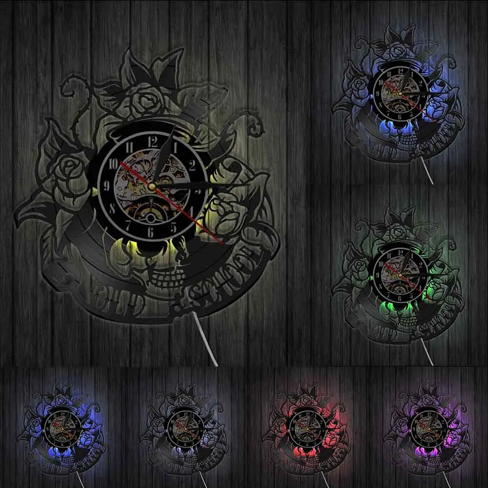 Настенные часы с изображением тату в виде черепа и розы виниловые скелета шипа