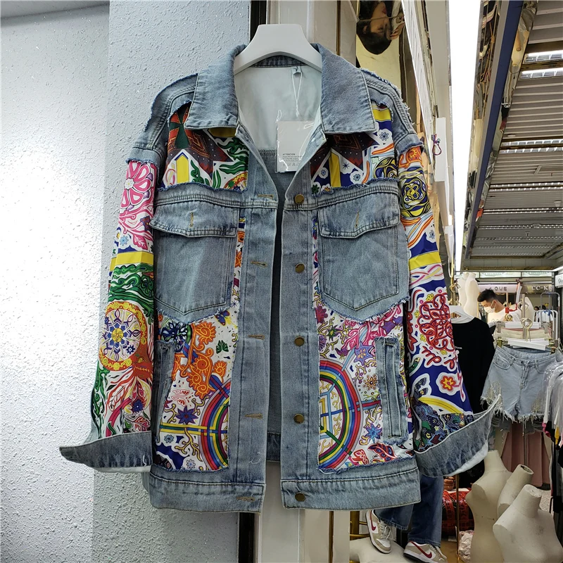 

Vintage Patch Printed Frayed Patchwork Denim Coat Black Women Coat Spring Autumn 2021 Casual Loose Lapel Long Sleeve Jean Jacket