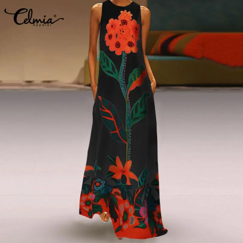 

Celmia Bohemian Maxi Dress Women Sleeveless Summer Sundress 2021 Floral Printed Casual Loose Beach Vestidos Robe