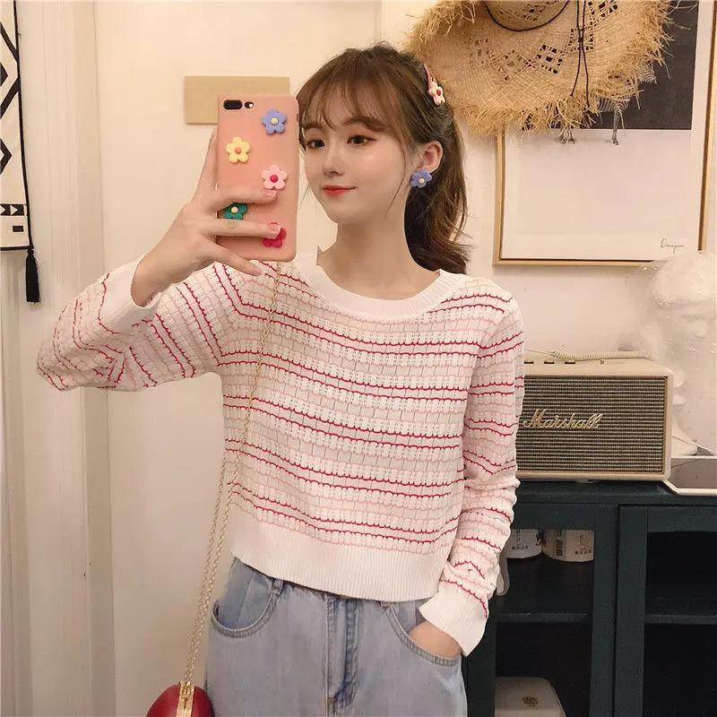 

Spring and AutumnKorean Style All-match Fashion Sweater Long-Sleeved T-shirt Women's Western Style Striped Shirt Women's Fashion