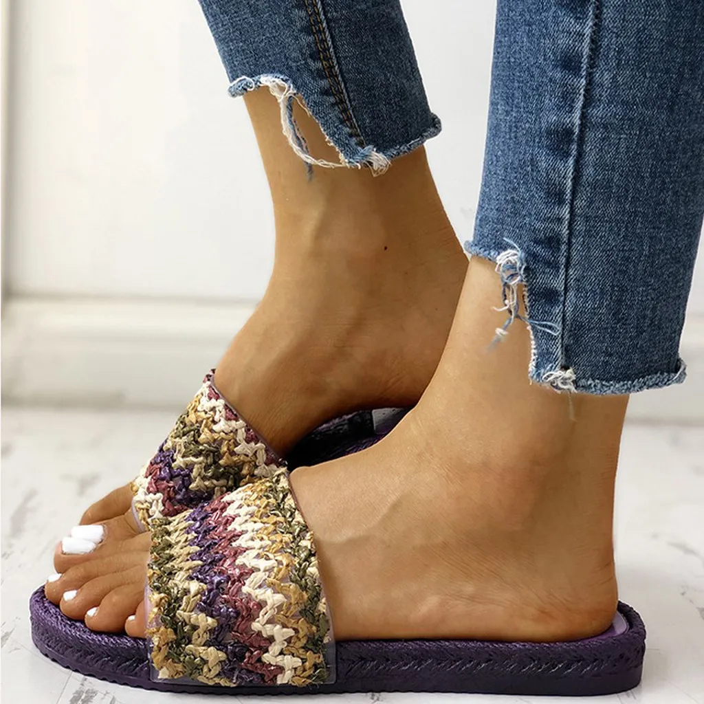 Женские шлепанцы из травы Weav дышащие плоские туфли с открытым носком легкие