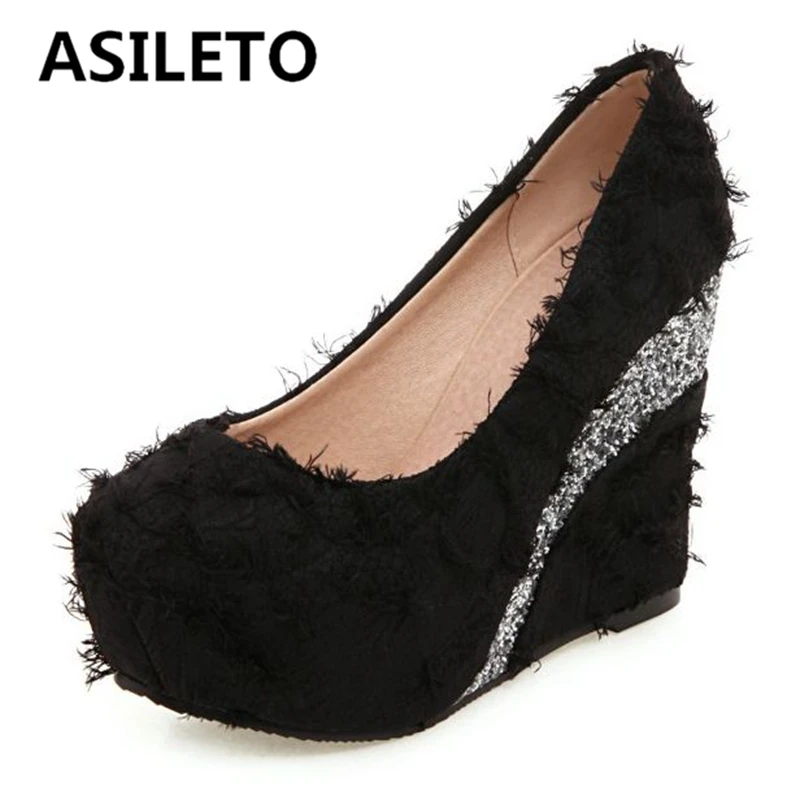 

ASILETO White Green Spring Sexy Shoes Pumps For Woman Wedges Cloth Slip-on Platform Round Toe High Big Size 33-43 Black S2830