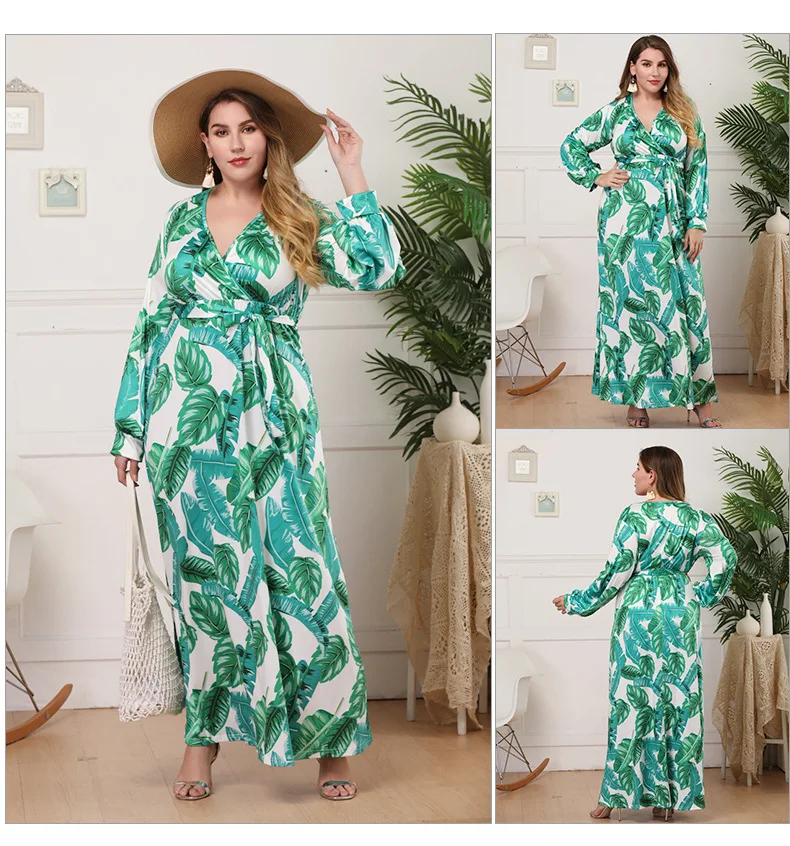 010 Large Size Women Dress Ankle Length Long Skirt L XL XXL 3XL 4XL Green Leave Printing V Neck Full Sleeve Plus Fat People | Женская