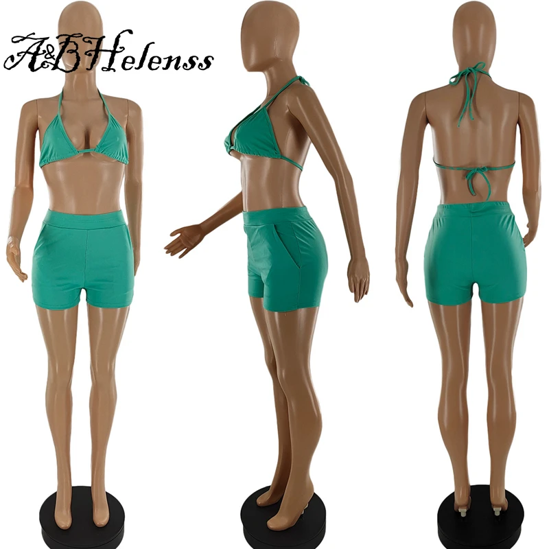 

A&BHelenss Summer Solid Two Pieces Bikini Set Sexy Deep V Neck Halter Crop Top and Shorts Beach Wear Bathing Matching Set