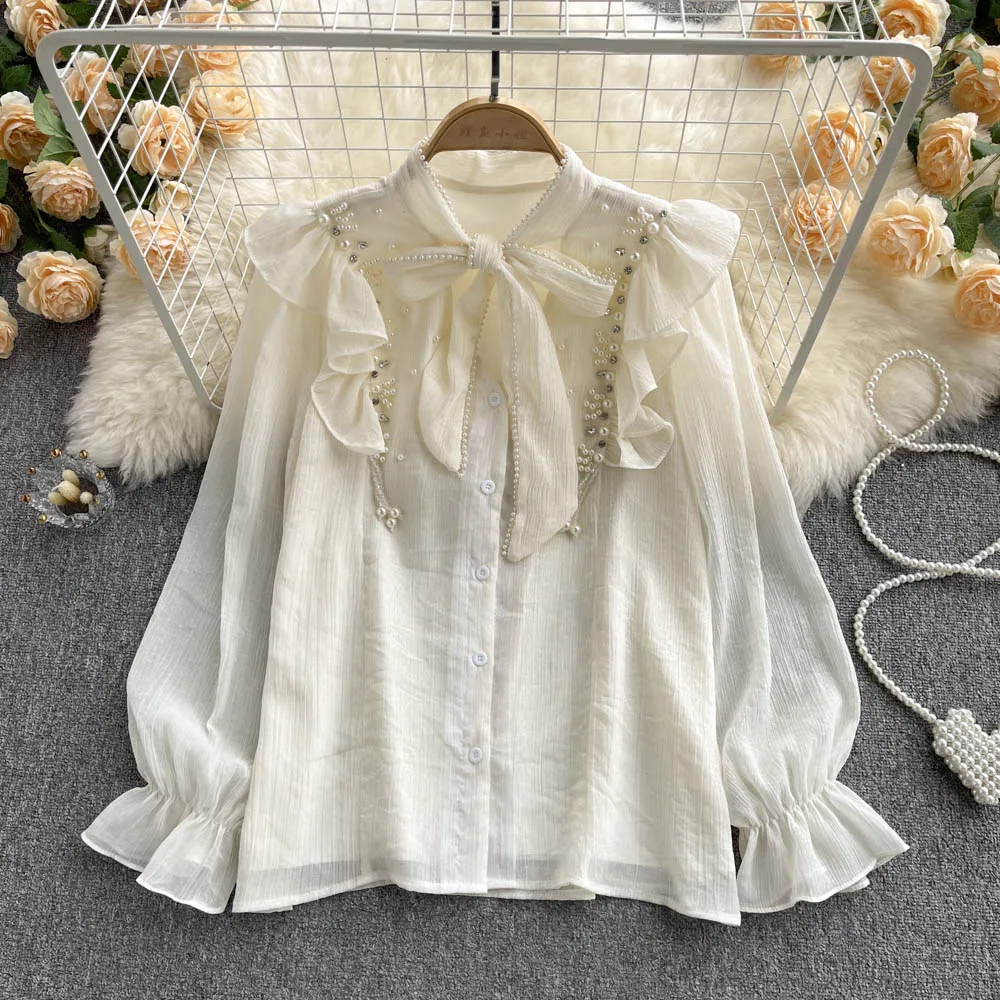 

Женская Весенняя рубашка в тяжелом стиле, свободная универсальная рубашка с кружевным бантом и бусинами во французском стиле, модель D0435, 2022