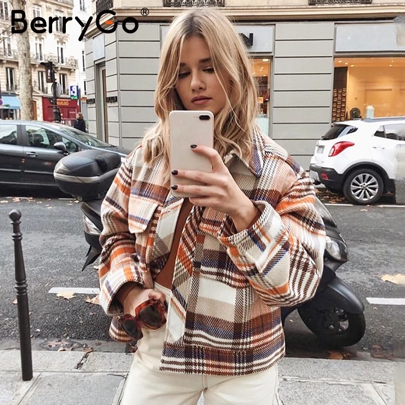 Plaid BerryGo винтажная уличная клетчатая куртка пальто Женская Повседневная с длинным рукавом безразмерная Дамская пальто осенне-зимняя верхняя одежда женские пальто - Цвет: Plaid