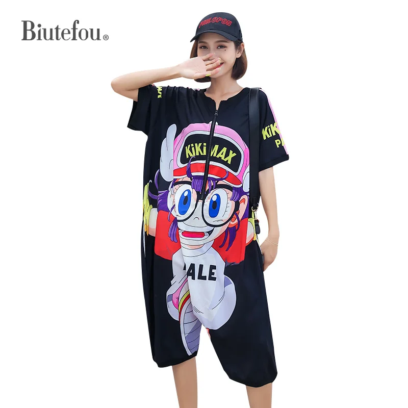 Женский тонкий комбинезон на молнии Свободный с коротким рукавом и мультяшным