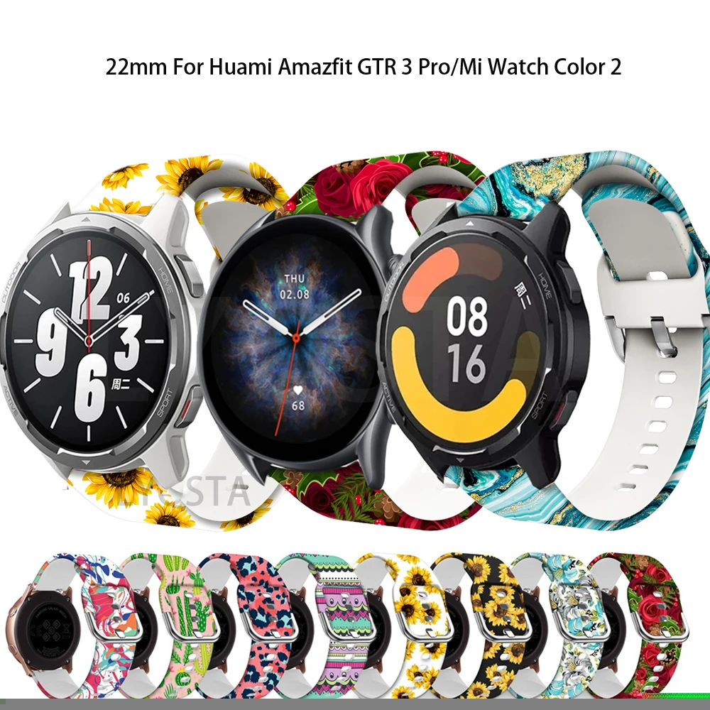 

Силиконовый спортивный ремешок с цветочным принтом, браслет для Xiaomi Huami Amazfit GTR47mm/GTR 2 2e/GTR 3 Pro, Mi Color 2, 20 мм 22 мм