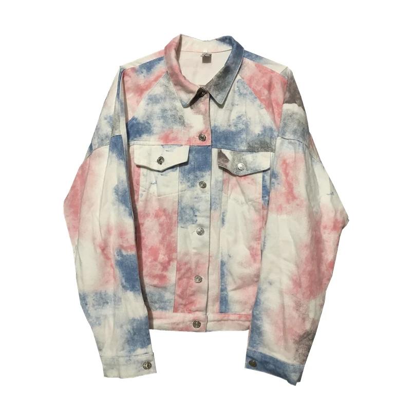 Женская джинсовая куртка с пастельным принтом короткая однобортная длинными