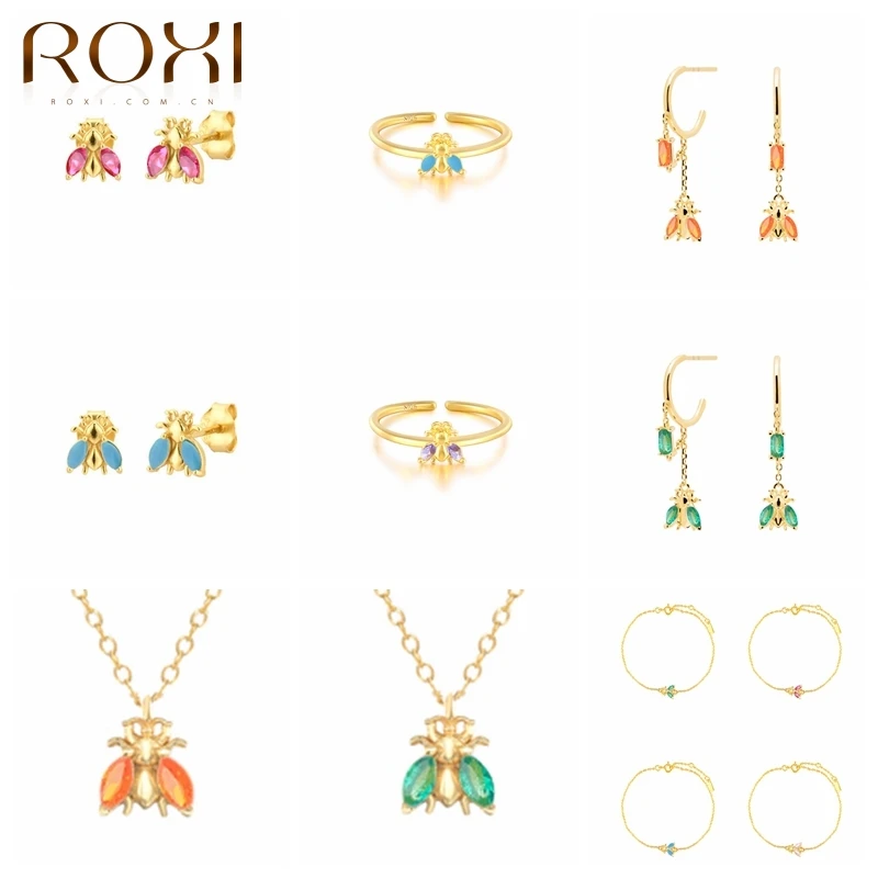 

ROXI 925 Sterling Silver 2021 INS Style Bee Collection Gems Tiny Piercing Drop Animal Pendant Jewelry Climber Clips Women Jewels