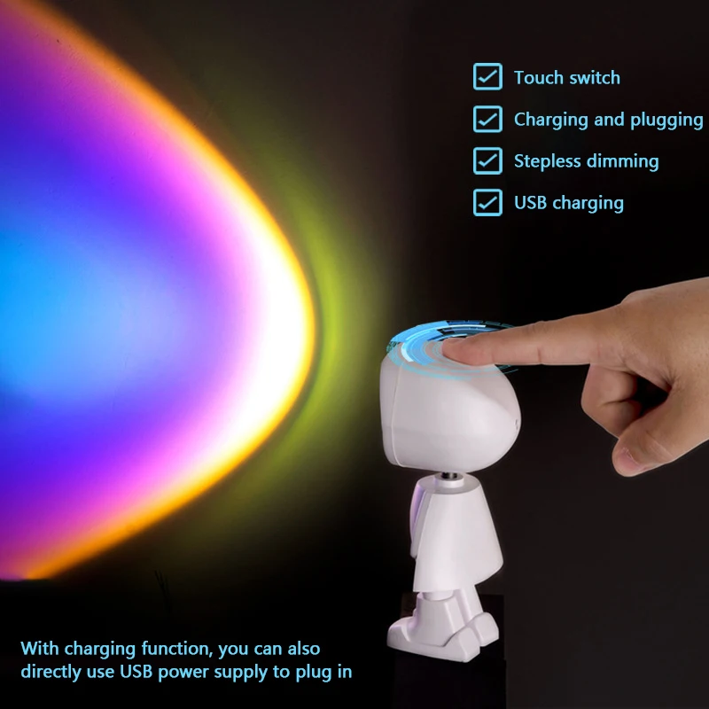

Sunset Projector Lamp USB Charging Atmosphere Lamp Rainbow Selfie Light Robot Led Projector Night Lights Home Decor Accessories