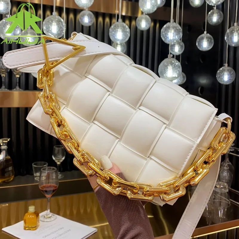 

2021 Metalen Ketting Lederen Handtassen Luxe Vrouwen Tas Designer Vrouwelijke Plaid Schoudertas Lady Weave Flap Tassen