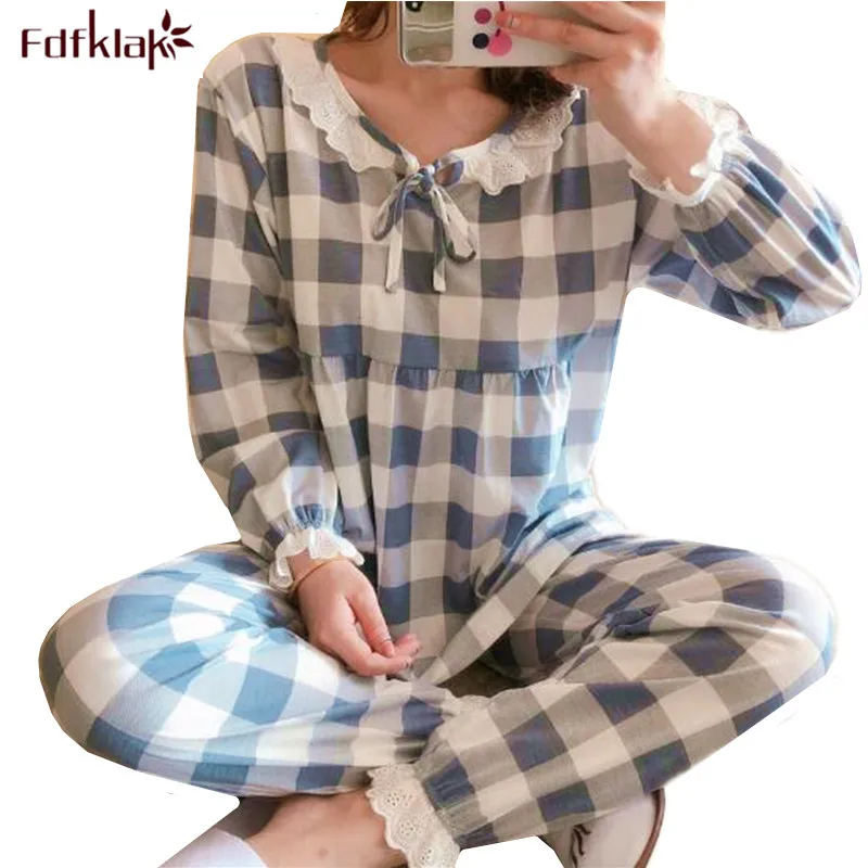 

Милая одежда для дома принцессы пижамы с длинными рукавами для женщин Модный клетчатый хлопковый пижамный комплект Женская одежда для сна ...