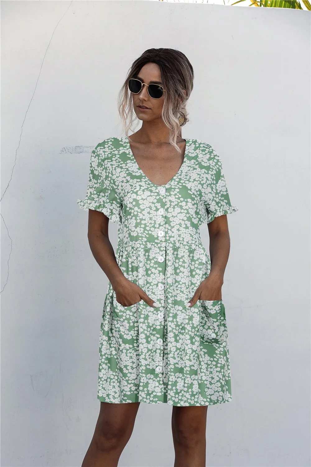 

Boho Short Sleeve Dot Summer Dress 2021 Fashion Elegant Short Dresses Women Casual Single-Breasted Beach Party Robe Vintage