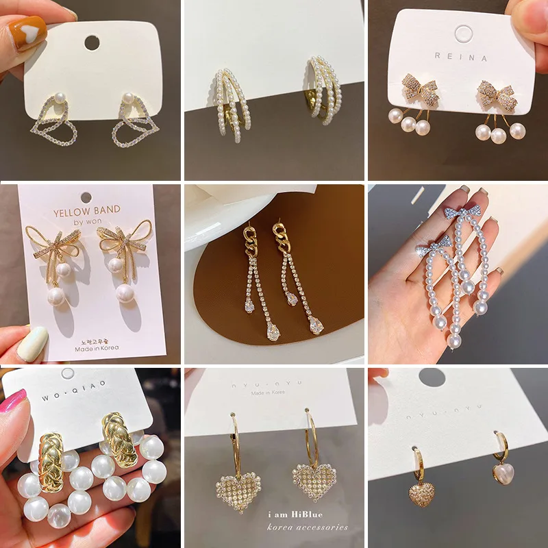 

Korean Elegant Wild Long Rhinestone Pearl Bow Heart Shaped Dangle Earrings Ins For Female 2021 Trend Earings Dress Decor earings