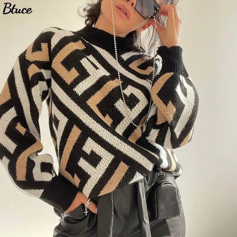 

Женский Зимний вязаный пуловер с круглым вырезом и буквенным принтом, свитера, женские простые свободные Облегающие джемперы с длинным рук...