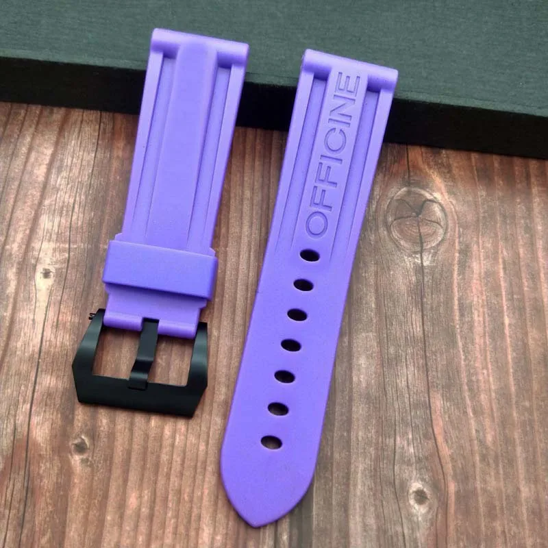 24purple BLK 24 мм 26 мм черный белый оранжевый Камуфляж красный синий зеленый серый мягкий водостойкий резиновый ремешок для часов для panerai ремень, булавка, пряжка бесплатный инструмент - Цвет ремешка: 24purple BLK