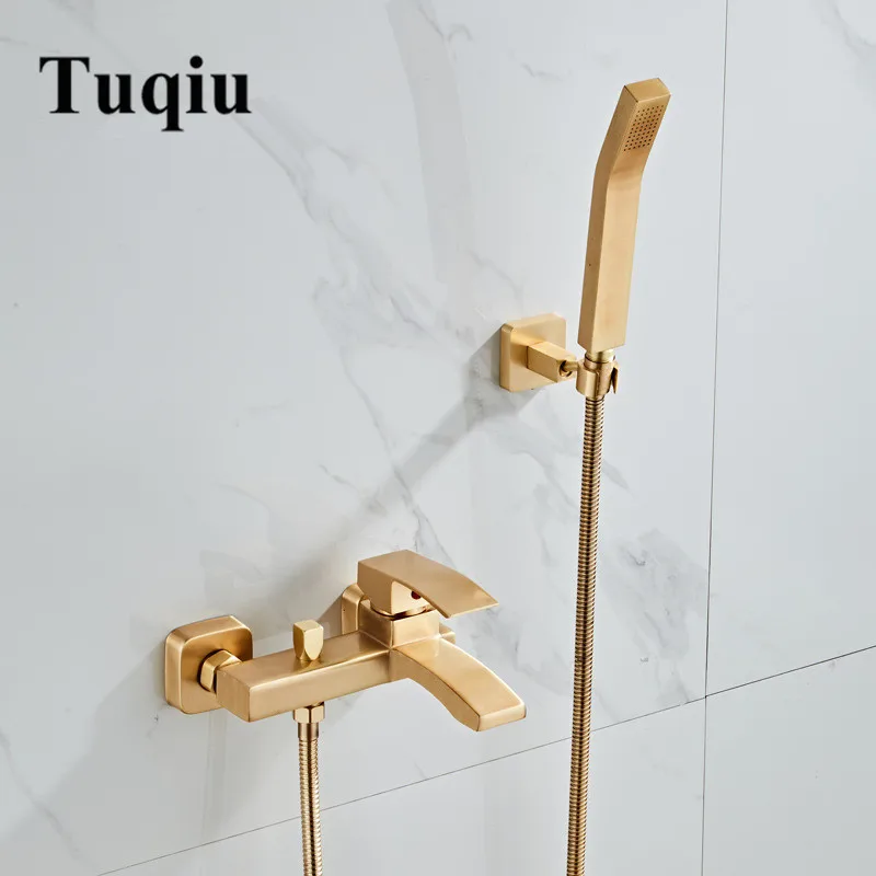 brushed gold style 1 Tuqiu набор для ванной, набор для душа, Настенный матовый золотой кран для ванной, кран для холодной и горячей ванны и душа, латунный смеситель - Цвет: brushed gold style 1