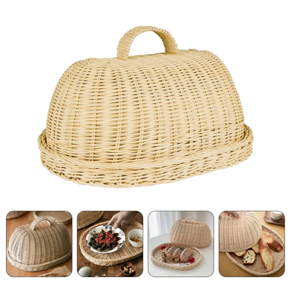 

Tray Serving Cover Rattanbasket Bread Snack Wicker Kitchen Baskets Fruit Platter Vegetable Cloche Cake Desert Eating Trays