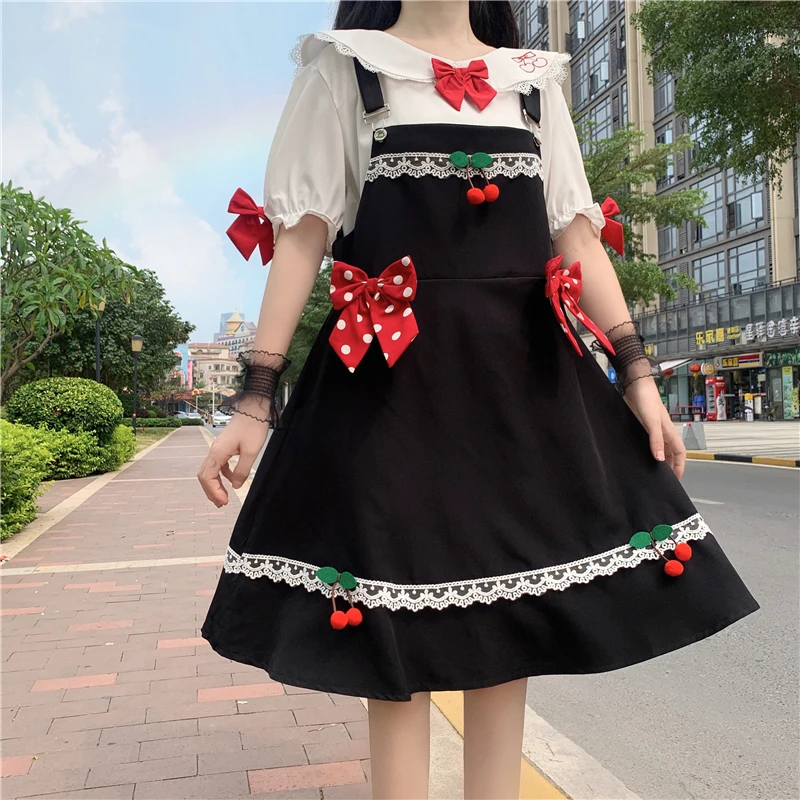 

Japanese Kawaii Sweety Soft Girl Cute Lace Peter Pan Collar Bow Puff Sleeve Shirt Vintage Cherry Camisole Dress Two-piece Suit