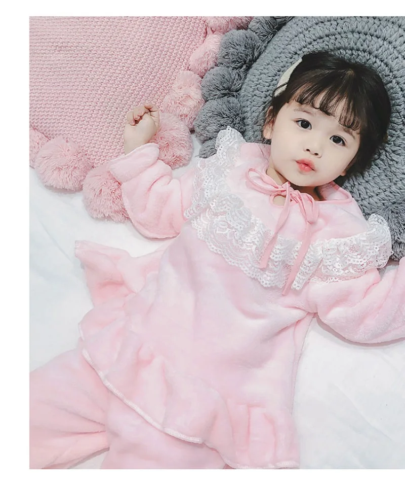 

CROAL CHERIE Winter Children Pajamas Warm Lace Princess Flannel Girls Sleepwear Clothing Sets Coral Fleece Kids pijamas