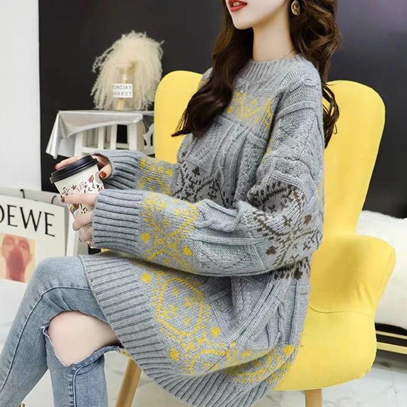 

Women Autumn Winter Long Sleeves Round Neck Knitted Sweater Korean Style Contrast Color Pullover Mid-length Loose Jumper Casual
