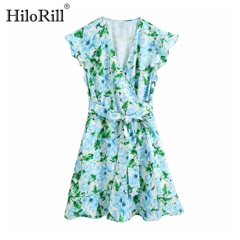 

HiloRill/летнее богемное платье с цветочным принтом, мини-платье с оборками и v-образным вырезом, сарафан, пляжные платья без рукавов, Ropa De Mujer