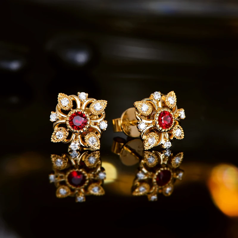 Женские серьги гвоздики LOVERJEWELRY с рубином 18 карат/AU750 желтое золото красный рубин
