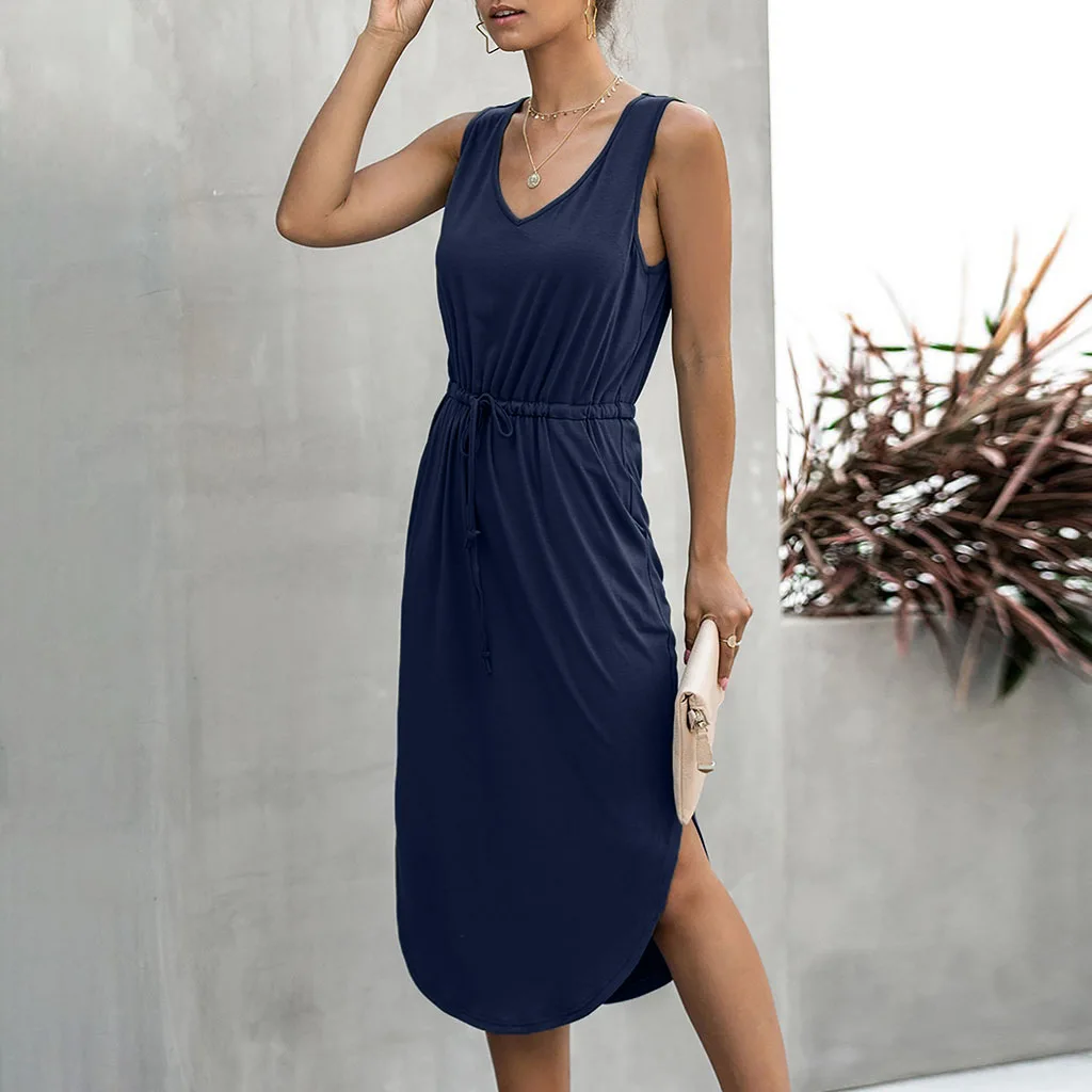 

2021 Fashion Sexy Dresses Women's Solid Color Sleeveless Long Dress V-neck Elastic Drawstring Waist Casual Dress for New Summer