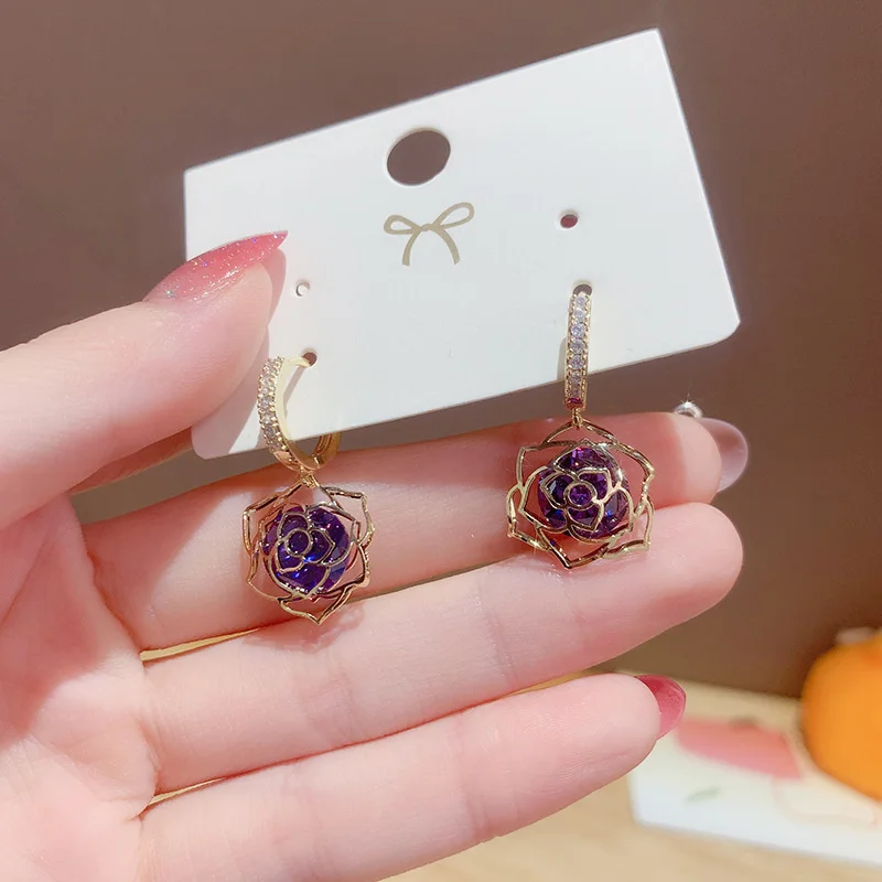 

Luxury Exquisite 14K Real Gold Inlaid Zircon Rose Flower Pendant Earrings for Woman Korean Temperament Wedding Jewelry Earrings
